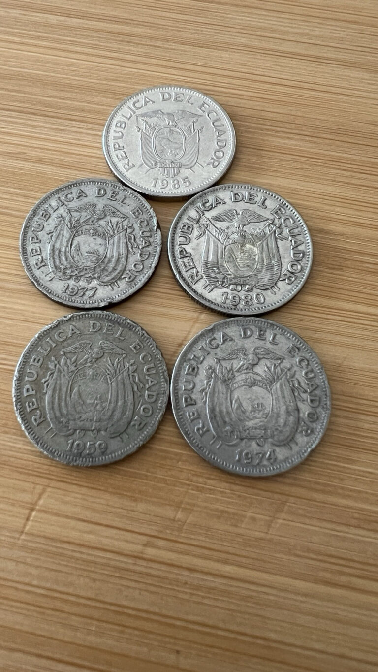 Read more about the article 1959 – 1974 – 1977 – 1980 – 1985 Ecuador 5 Coins Set Of 1 Sucre World Coins