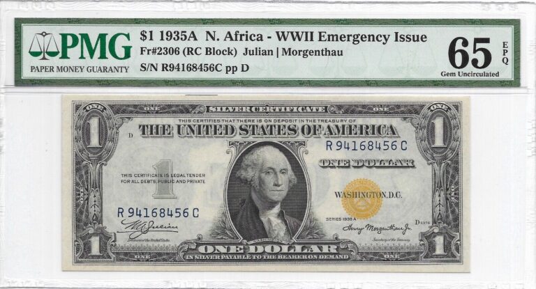 Read more about the article 1935A $1 NORTH AFRICA Emergency Issue  PMG GEM Uncirculated 65 EPQ Banknote. R/C