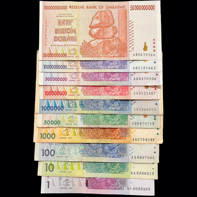 Read more about the article Zimbabwe 10 Banknotes Set 1 10 50 100 1000 Million Billion Dollars Paper Money