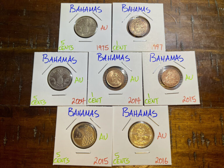 Read more about the article Lot of 7 AU Bahamas 🇧🇸 Coins 1975-2016 1c and 5c No Reserve! Combined Shipping!