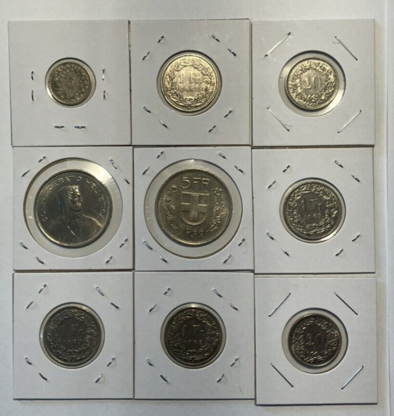 Read more about the article Lot of 9 Helvetica (Switzerland) Coins 1 to 5 Francs from 1960 to 1970