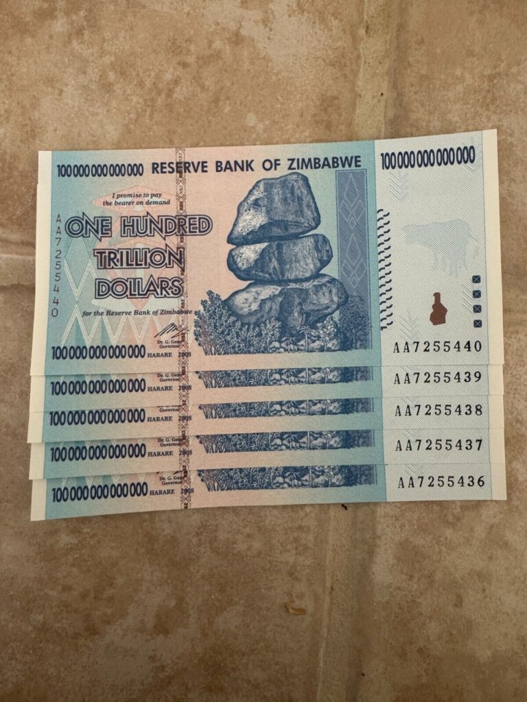 Read more about the article 🤫⬆️📈 LOT OF 5 – AUTHENTIC ZIMBABWE 100 TRILLION DOLLAR CURRENCY  AA2008  UNC