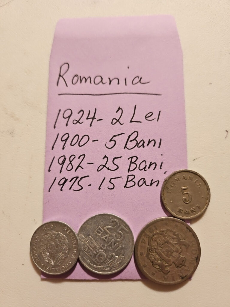 Read more about the article Romania 1900 5 Bani  1924 2 Lei  1975 15 Bani 1982 25 Bani