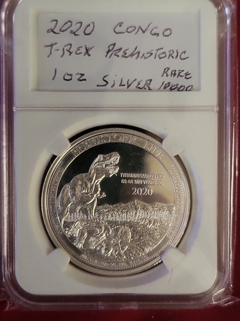 Read more about the article Rare 2020 Congo Prehistoric Life T-Rex Tyrannosaurus Rex 1 oz .9999 Fine Coin