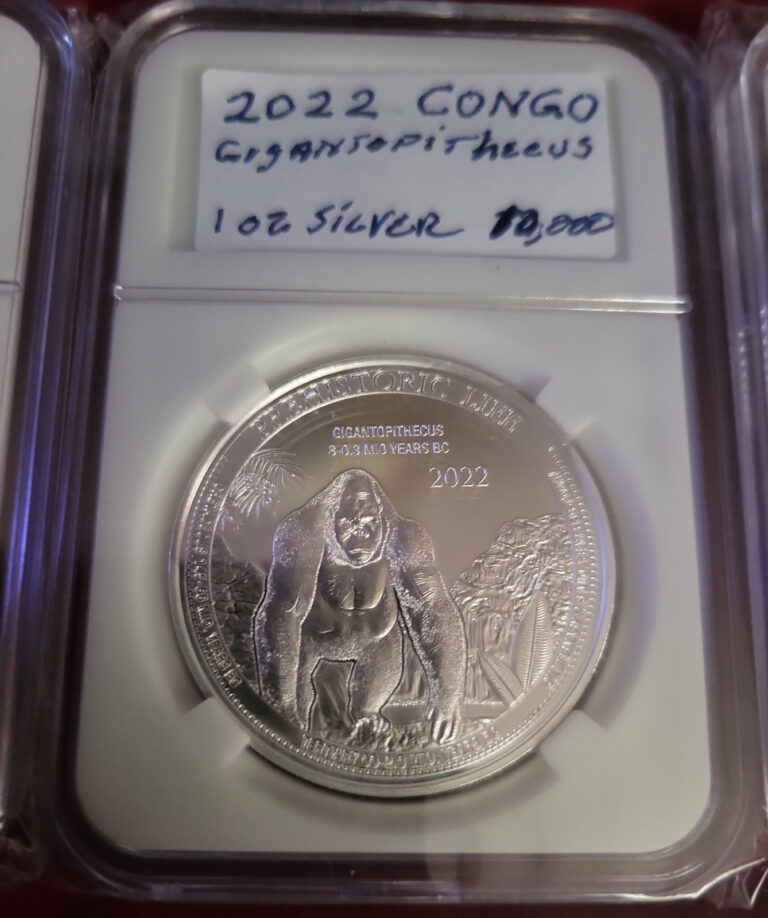 Read more about the article 2022 Congo Prehistoric Life Gigantopithecus-Giant Ape 1 oz .999 silver BU w Cap