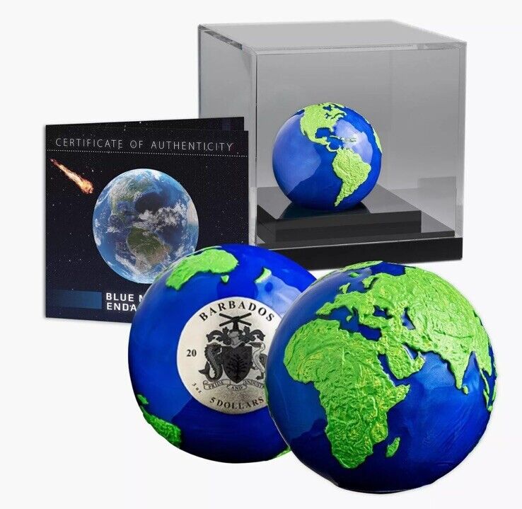 Read more about the article 2022 Barbados Blue Marble Earth Spherical Green Planet 3 oz Silver $5 Coin RARE