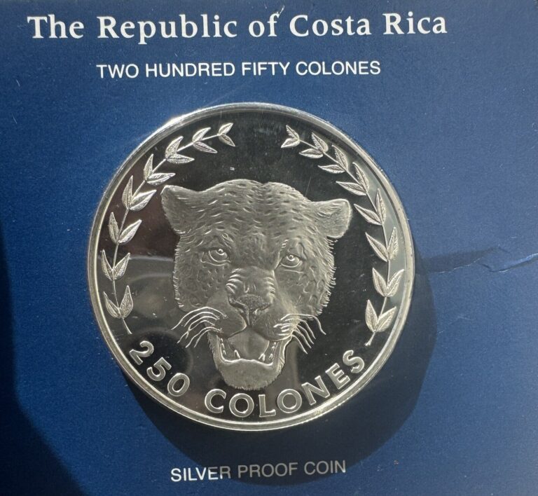 Read more about the article Costa Rica 1982 250 Colones Jaguar Cat Sterling Silver Proof Coin Sealed FM