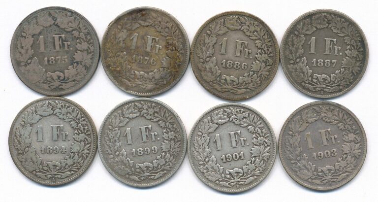 Read more about the article LOT OF 8 ASSORTED SWITZERLAND SILVER ONE FRANC COINS 1875-1903