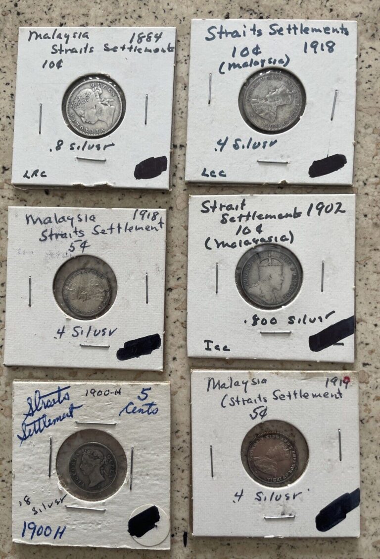 Read more about the article Straits Settlements Silver 5 and 10 Cents Lot of Six (6) Coins 1884 1900 1902 1918