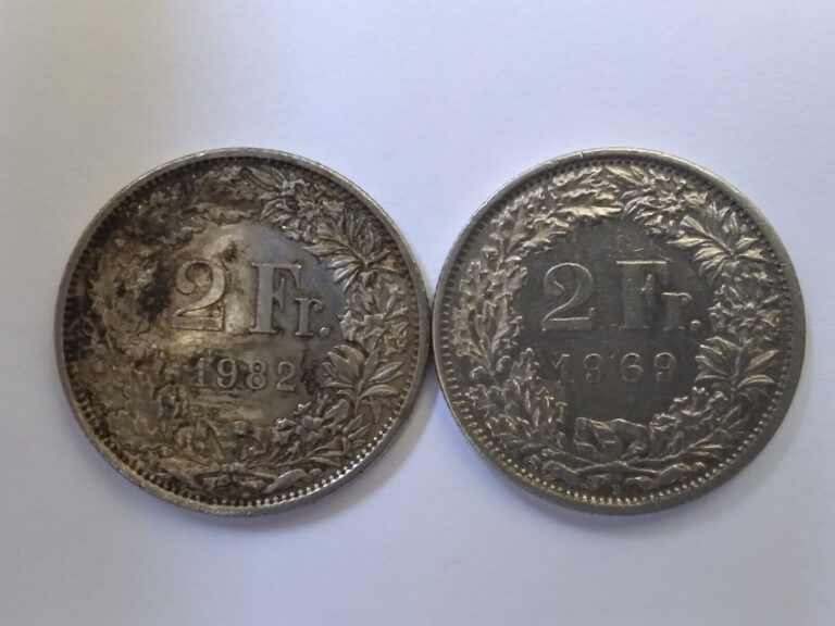 Read more about the article Lot of 2 Switzerland 2 Francs Coins – 1969 B and 1982 – Circulated