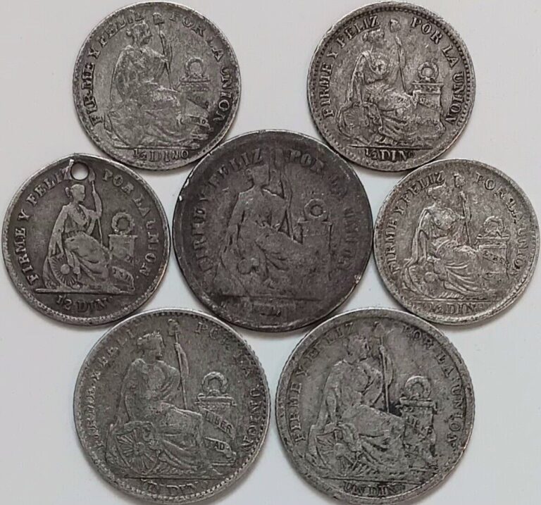 Read more about the article Peru .90 Silver Coin Lot ???? 1895 1905 1913 1/2 Din. 1866 1903 1905 Un 1 Dinero