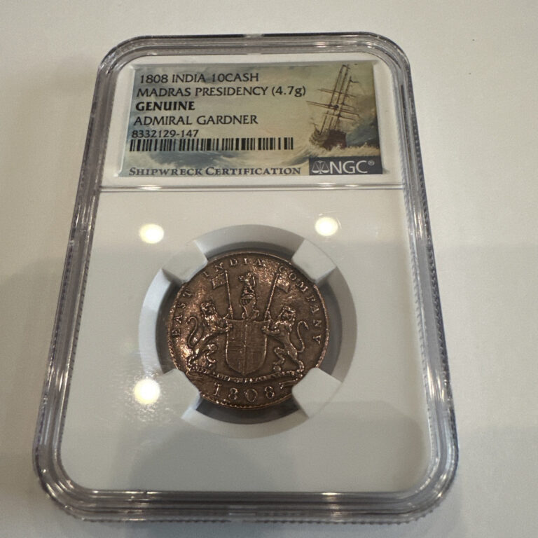 Read more about the article 1808 Admiral Gardner Shipwreck 10 Cash Coin East India NGC Certified. Madras.