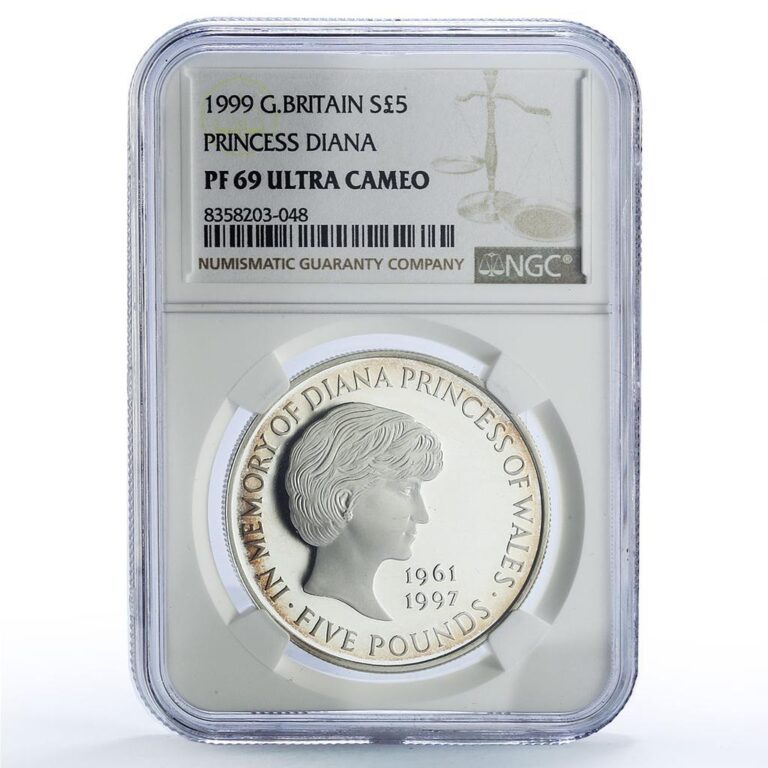 Read more about the article Great Britain 5 pounds Princess Diana History Politics PF69 NGC silver coin 1999