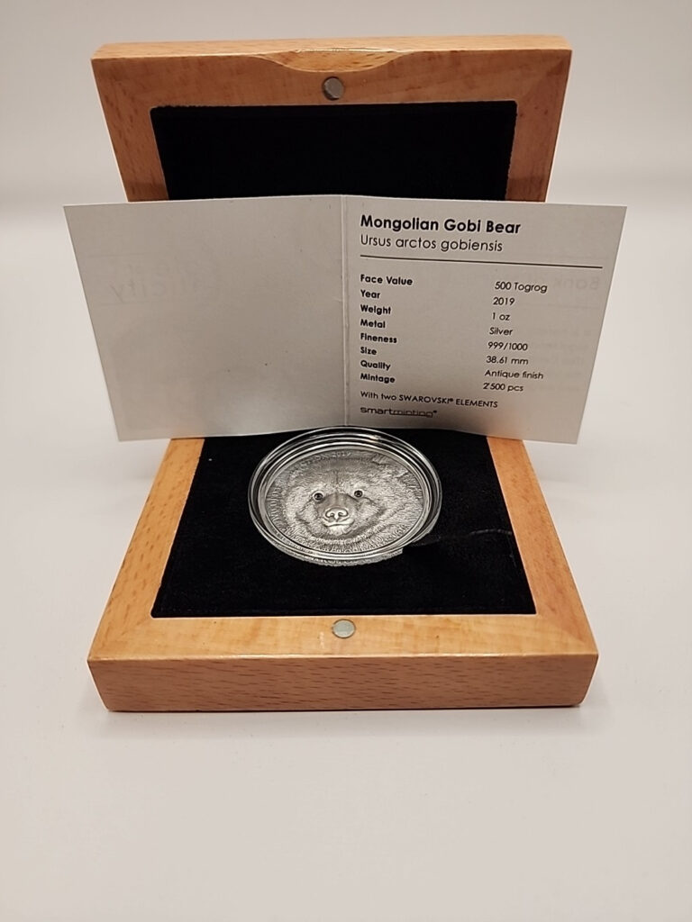 Read more about the article 2019 Mongolia Gobi Bear Swarovski Crystal Eyes 1oz Silver
