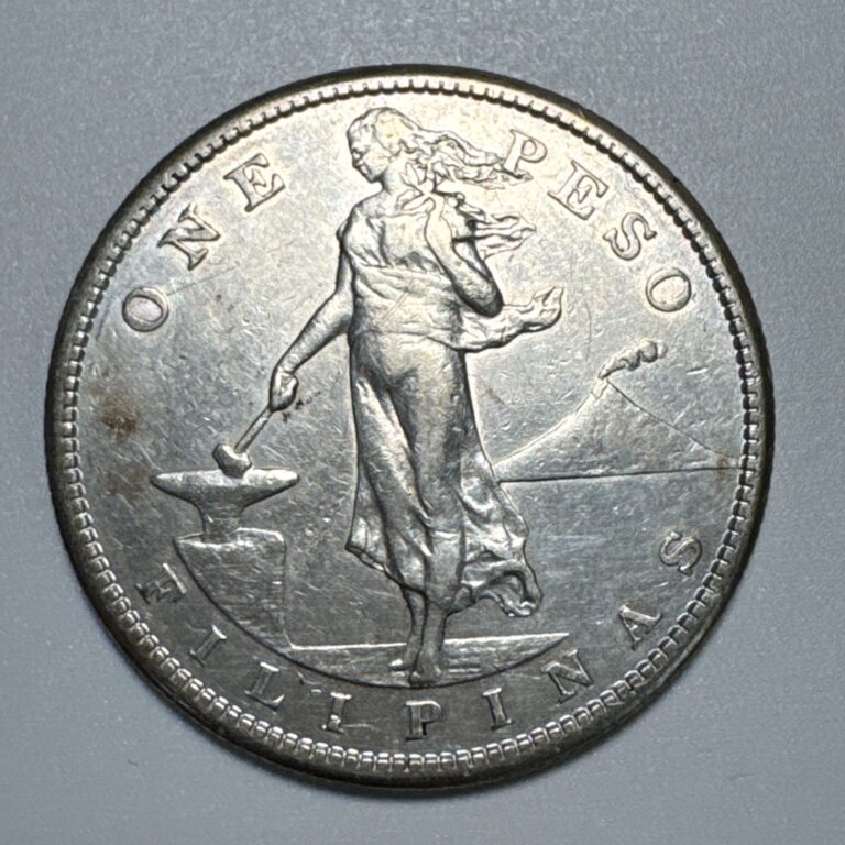 Read more about the article 1908-S  Philippines Silver 1 Peso AU Cleaned.