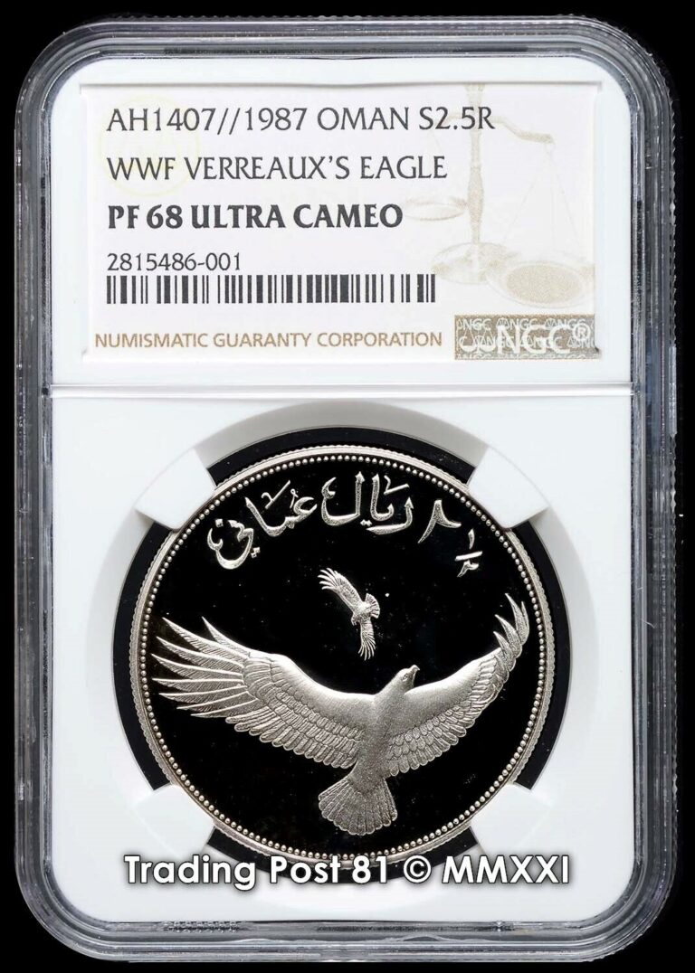 Read more about the article 1987 OMAN – WWF Series Verreaux’s Eagle – 2½ Rials Silver Coin – NGC Proof 68 UC