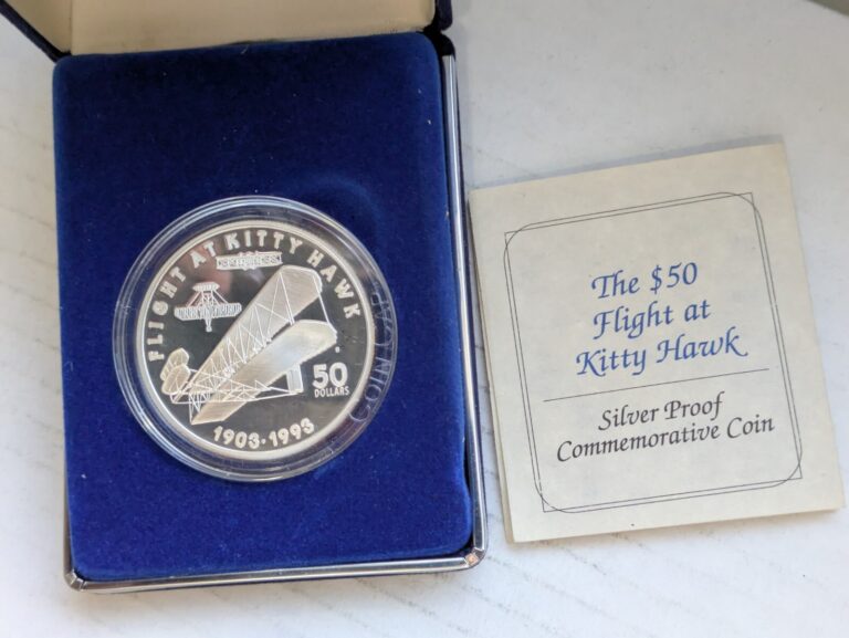 Read more about the article 1993 Marshall Islands Fifty Dollars 99.9% Silver 1oz Flight Kitty Hawk $50 OGP