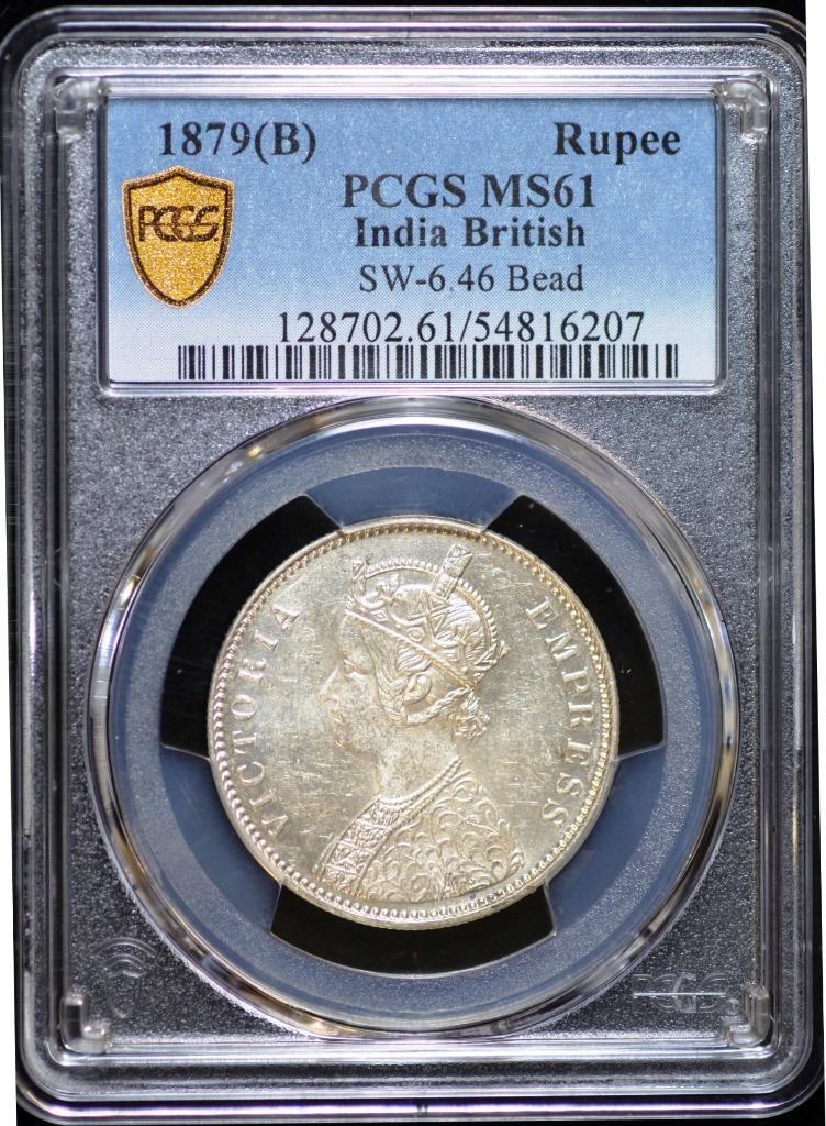 Read more about the article 1879 Mumbai (B) Rupee  Empress Victoria  KM# 492  MS61 PCGS  Type I Reverse