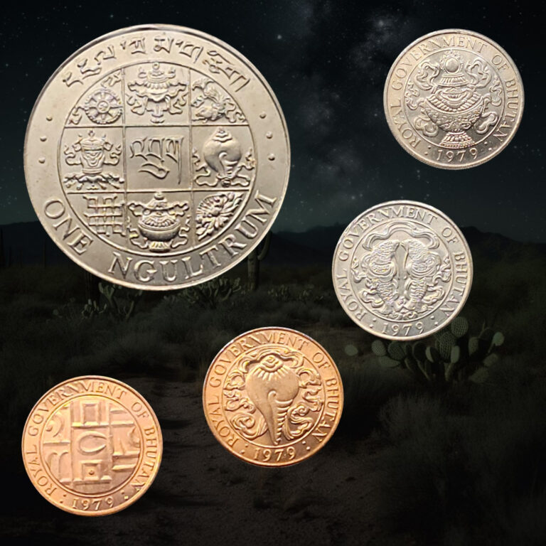 Read more about the article Lot of  5 – 1979 Bhutan 1 Ngultrum  5  10  25  50 Chhertum Coins  Symbols