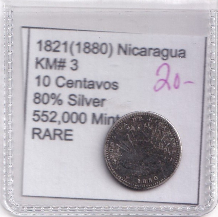 Read more about the article VERY RARE 1821(1880) Nicaragua 10 Centavos 80% Silver Low Mintage