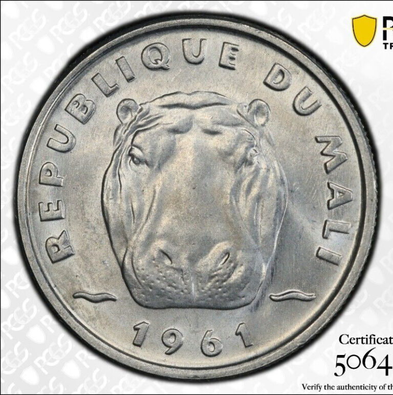 Read more about the article Mali  5 Francs 1961  KM#2  Hippopotamus  PCGS MS66  Top Pop 1/3