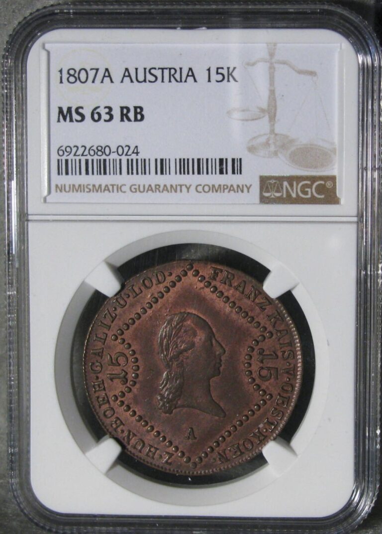 Read more about the article 1807-A Austria 15 Kreuzer NGC Certified MS 63 RB World Coin #615
