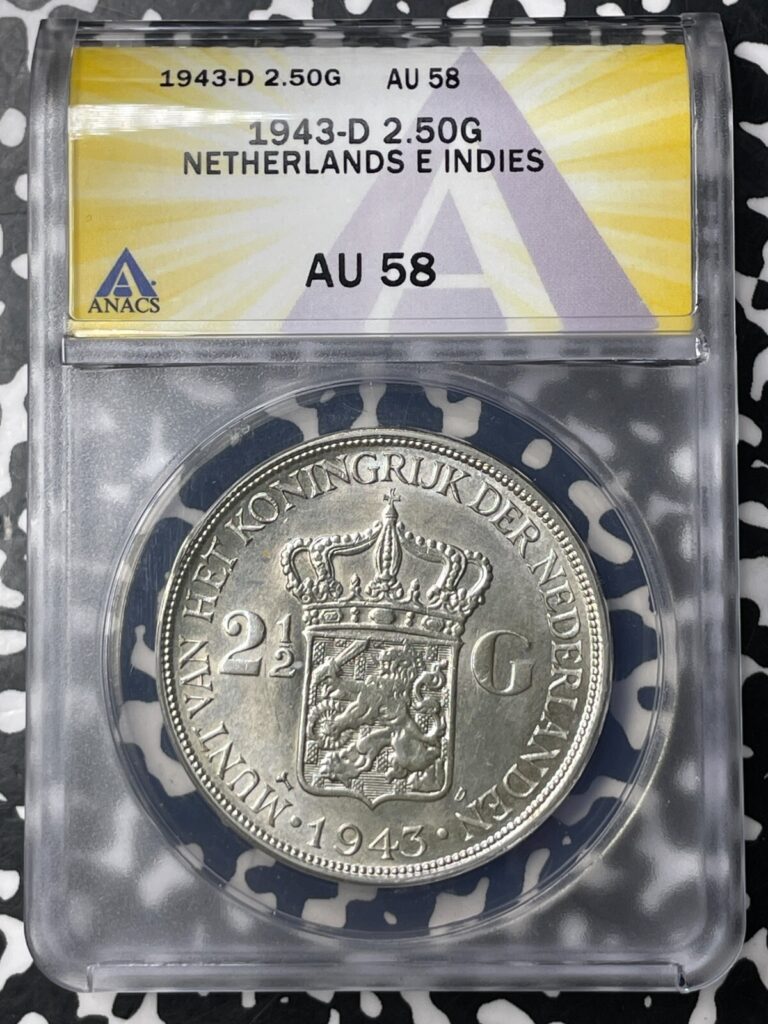Read more about the article 1943-D Netherlands East Indies 2 1/2 Gulden ANACS AU58 Lot#MK117 Silver!