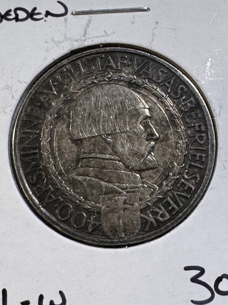 Read more about the article 1921-W Sweden 2 Kronor Silver Coin Low Mintage Gustaf Vasa Commemorative