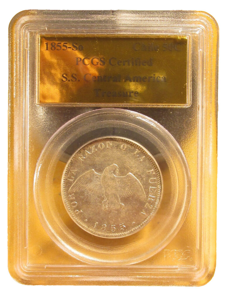 Read more about the article 1855-SO CHILE 50 CENTAVOS PCGS ~ S.S. CENTRAL AMERICA SHIPWRECK TREASURE