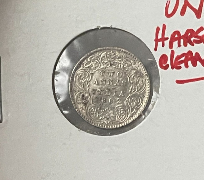 Read more about the article 1862 India 2 Annas – Silver Cleaned L2