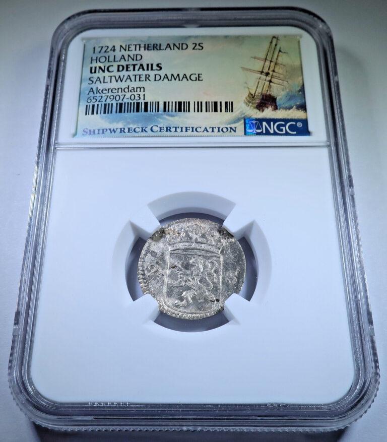 Read more about the article NGC UNC 1724 Akerendam Shipwreck 2 Stuivers Silver Dutch Pirate Treasure BU Coin