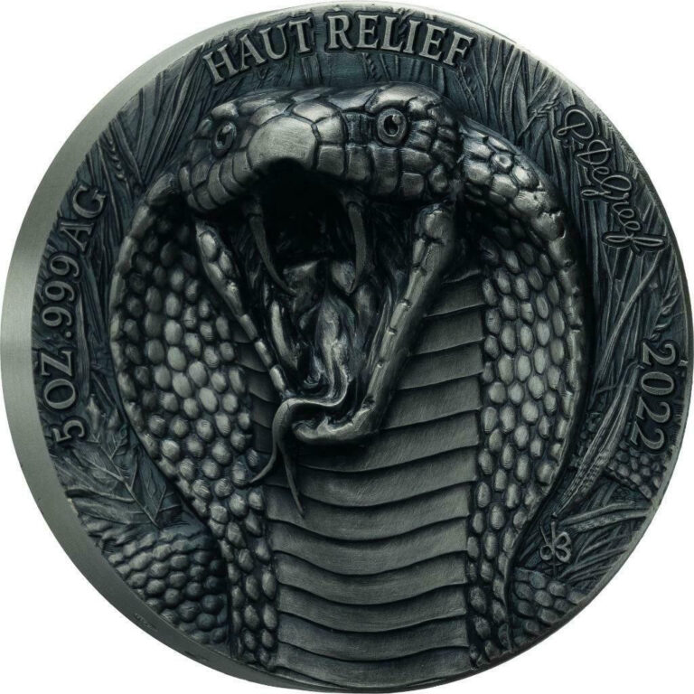 Read more about the article 2022 Ivory Coast Big Five Cobra 5 oz Silver High Relief Antique Finish Coin
