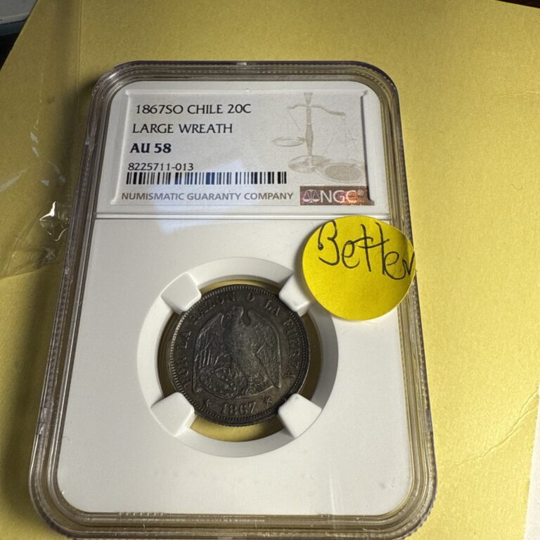 Read more about the article 1867SO  Chile 20C Large Wreaths AU58 Straight Clean Coin Rare Date