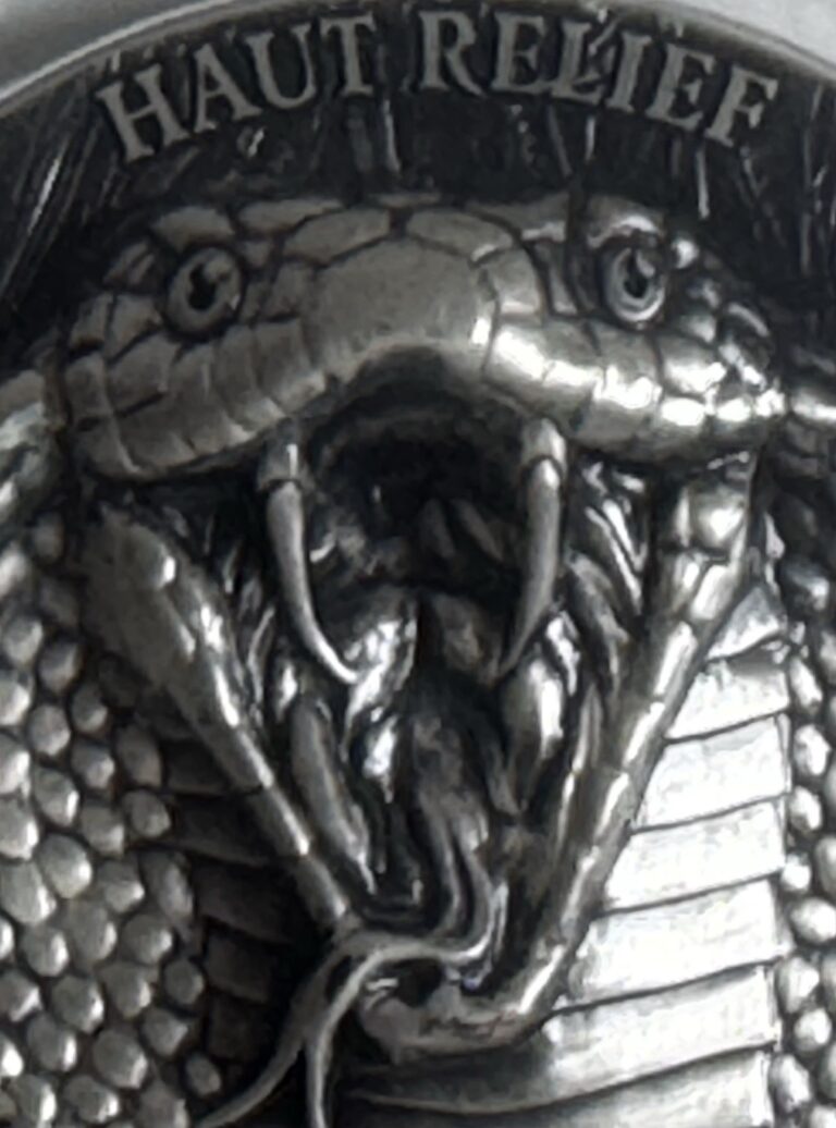 Read more about the article 5oz KING COBRA Big Five Asia Silver Coin 5000 Francs Ivory Coast 2022 3D Head