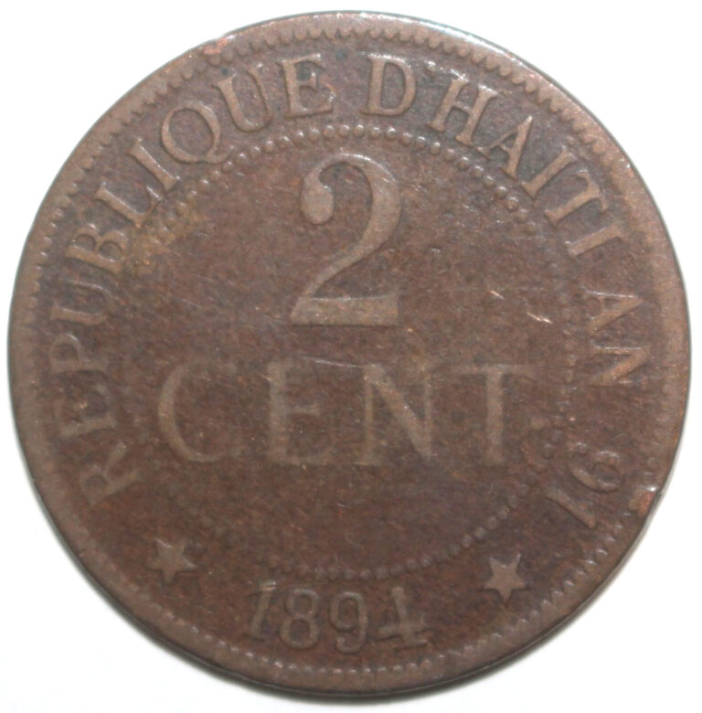 Read more about the article Haitian Republic 2 Centimes Coin 1894 A Paris AN 91 KM# 49 Haiti Two