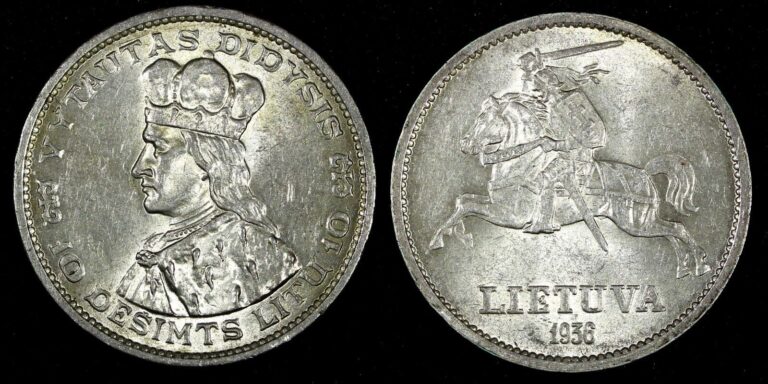 Read more about the article Lithuania Silver 1936 10 Litų Vytautas 32mm 1 Year Type aUNC KM# 83 (27 358)