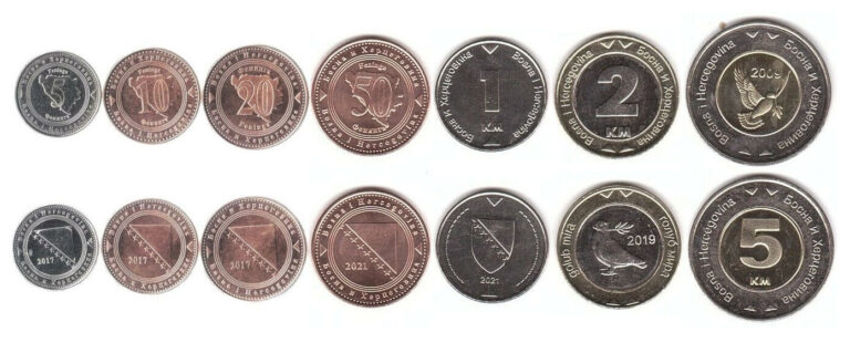 Read more about the article BOSNIA-HERZEGOVINA FULL COIN SET 5+10+20+50 Feninga 1+2+5 KM 2009-2021 UNC LOT 7