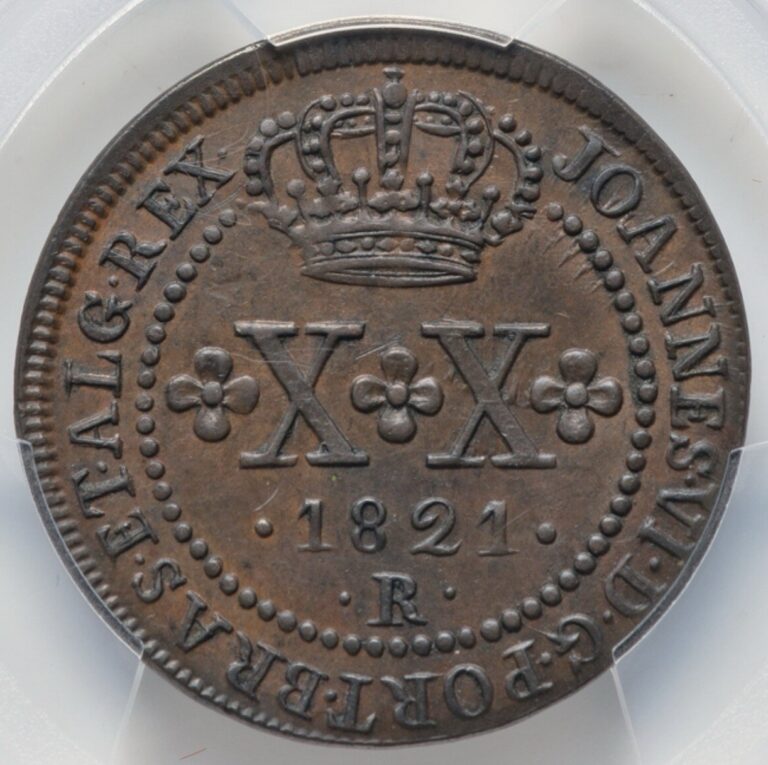 Read more about the article Brazil João VI 20 Reis 1821-R PCGS AU58 Cross On Crown Rio de Janeiro Mint