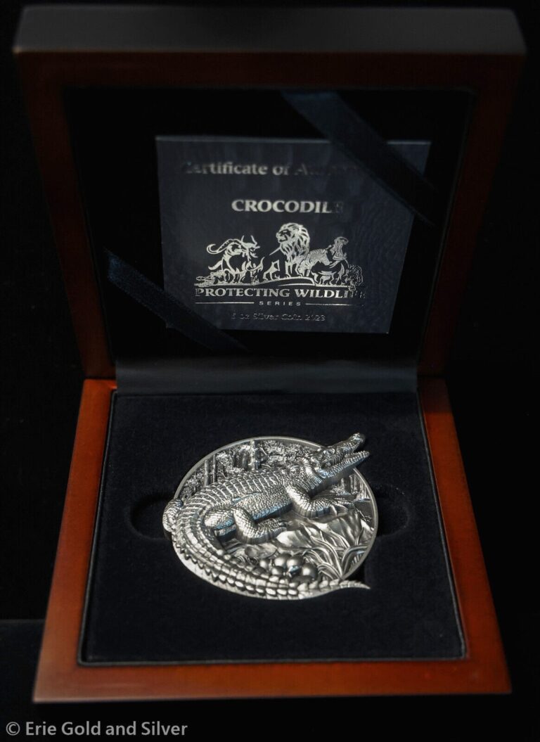 Read more about the article 2023 Burundi Protecting Wildlife Crocodile 5 oz Silver Antiqued Coin in OGP