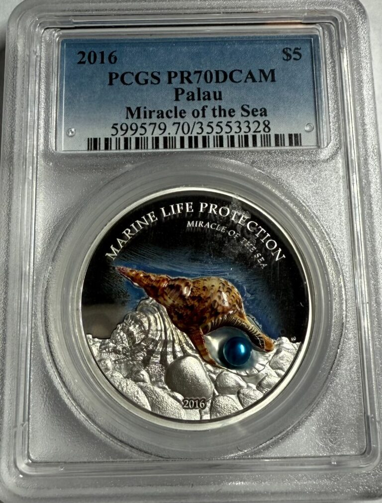 Read more about the article 2016 Palau $5 1oz Silver MIRACLE OF THE SEA W/WOODEN BOX and COA PCGS PR70DCAM