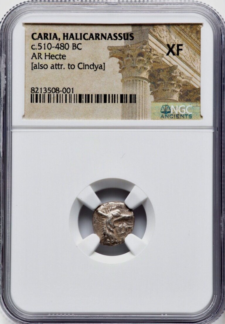 Read more about the article PQ Ancient Greek Silver Coin 510-480 BC CARIA Halicarnassus Ketos Hecte NGC XF