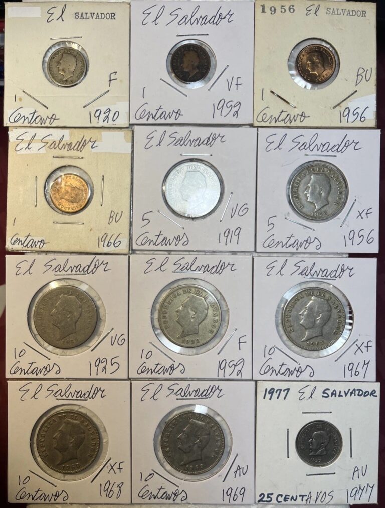 Read more about the article 1919 – 1977 El Salvador 1  5  10 and 25 Centavos VG-BU Condition 12 Coin Lot