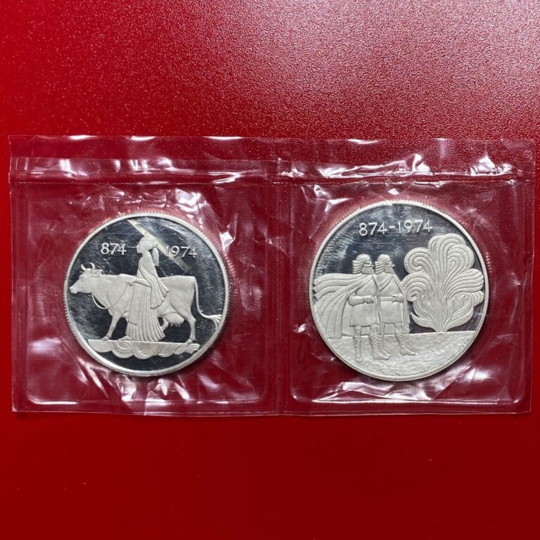 Read more about the article 1974 ICELAND 500 + 1000 KRONUR SILVER PROOF SET WOMAN COW VIKINGS BOX+COA RARE!