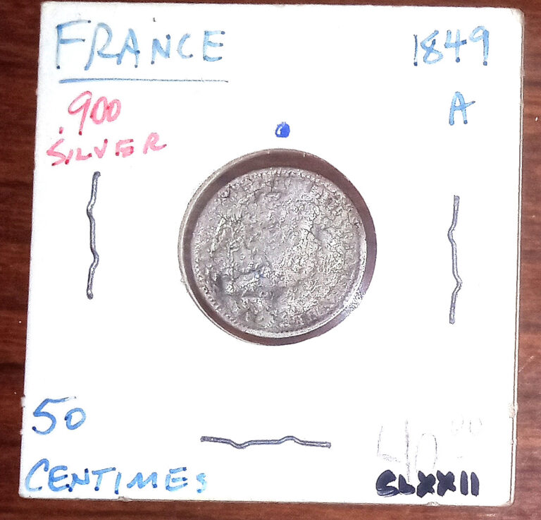 Read more about the article FRANCE 1849 50 Centime Silver Coin; Fine Condition  Low Mintage  FREE SHIPPING!!