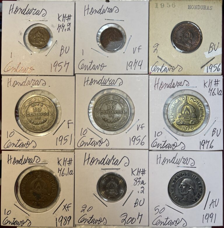 Read more about the article Honduras 1951 – 2007 One 1  2  10  20 and 50 Centavos F -BU Condition 9 Coin Lot