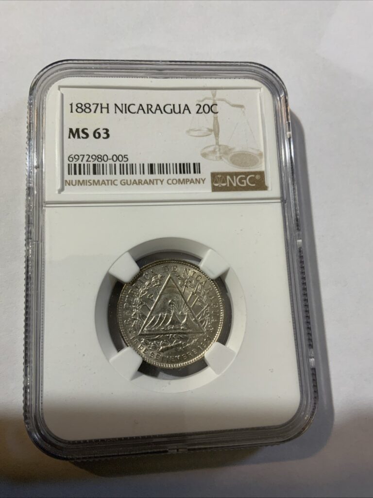 Read more about the article 1887-H Nicaragua Silver 20 Centavos NGC MS-63