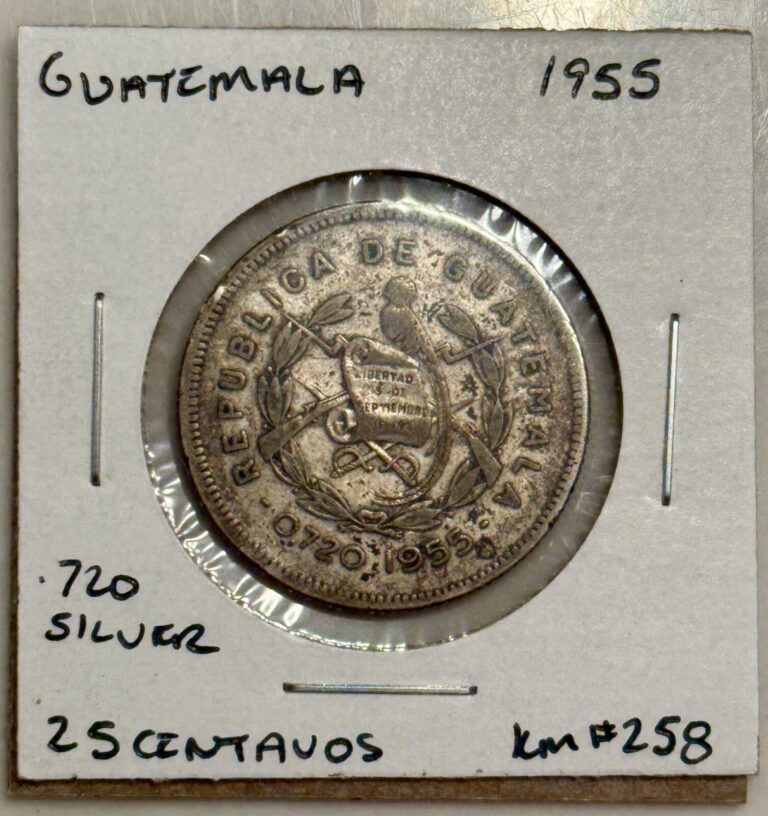 Read more about the article 1955 Guatemala 25 Centavos Silver Coin – KM#258
