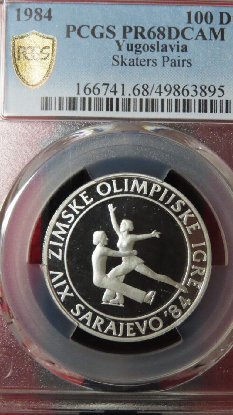 Read more about the article Yugoslavia 1983 Figure Skater Pairs Silver 100 Dinara  PCGS PR68 proof olympics
