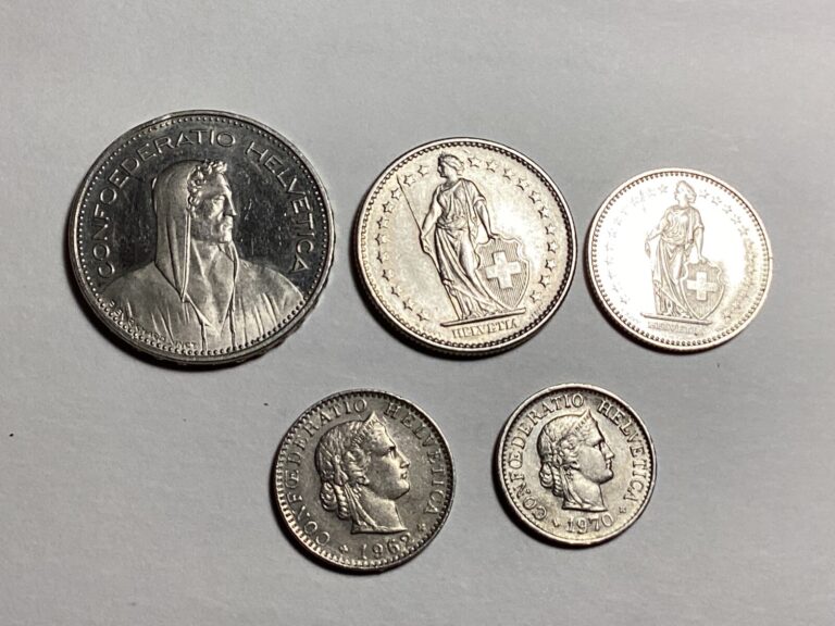 Read more about the article Lot of 5 Old Switzerland Coins Denominations Francs and Rappens 1965-1988