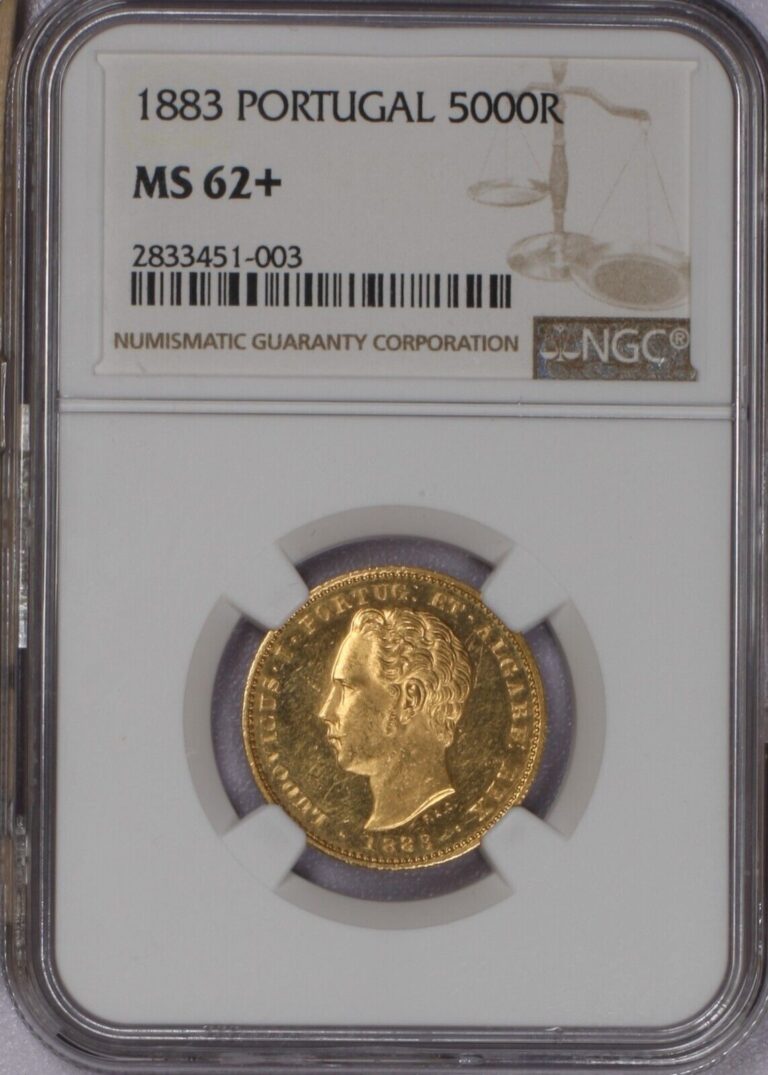 Read more about the article 1883 Portugal 5 000 Reis NGC MS62+. Pop 1!